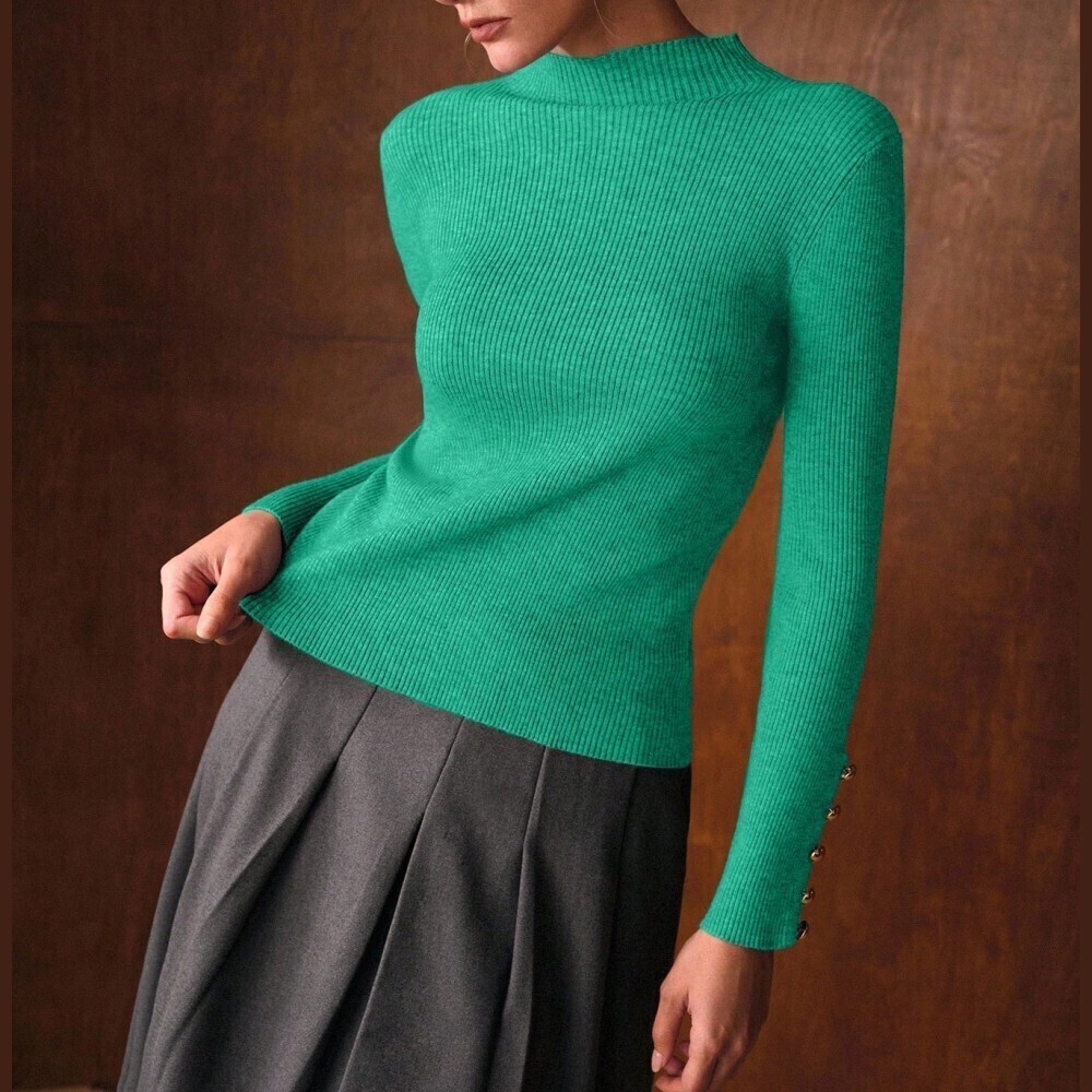Mint Green Ribbed Knit Mock Neck Button Cuff Sweater